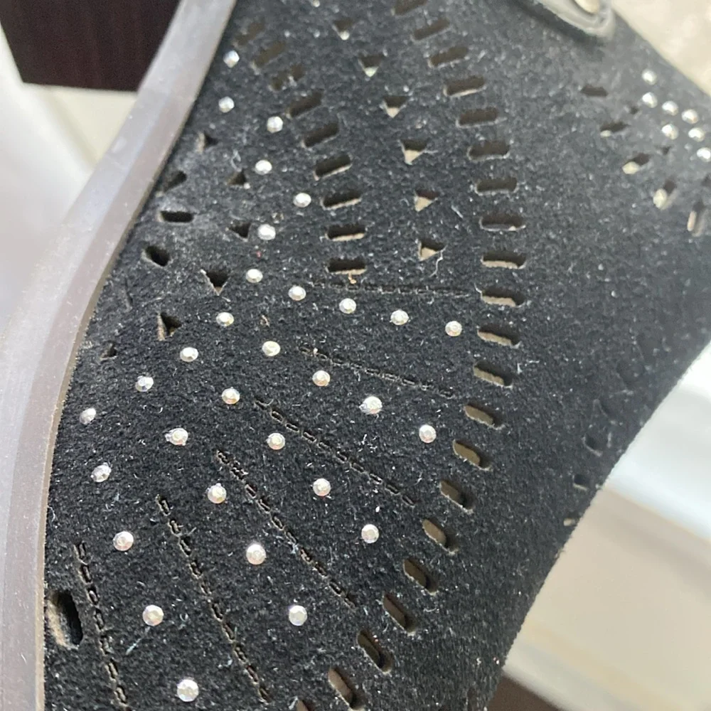 Latigo Muren Black Suede Perforated Crystal Slingbacks Size 8.5